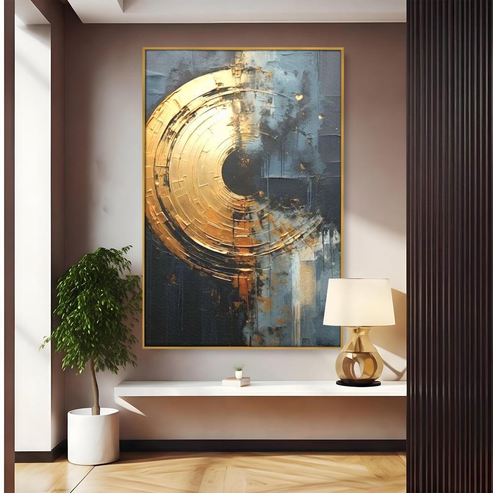 Tablou canvas cu tablou abstract cu cerc auriu, in rama de aluminiu auriu